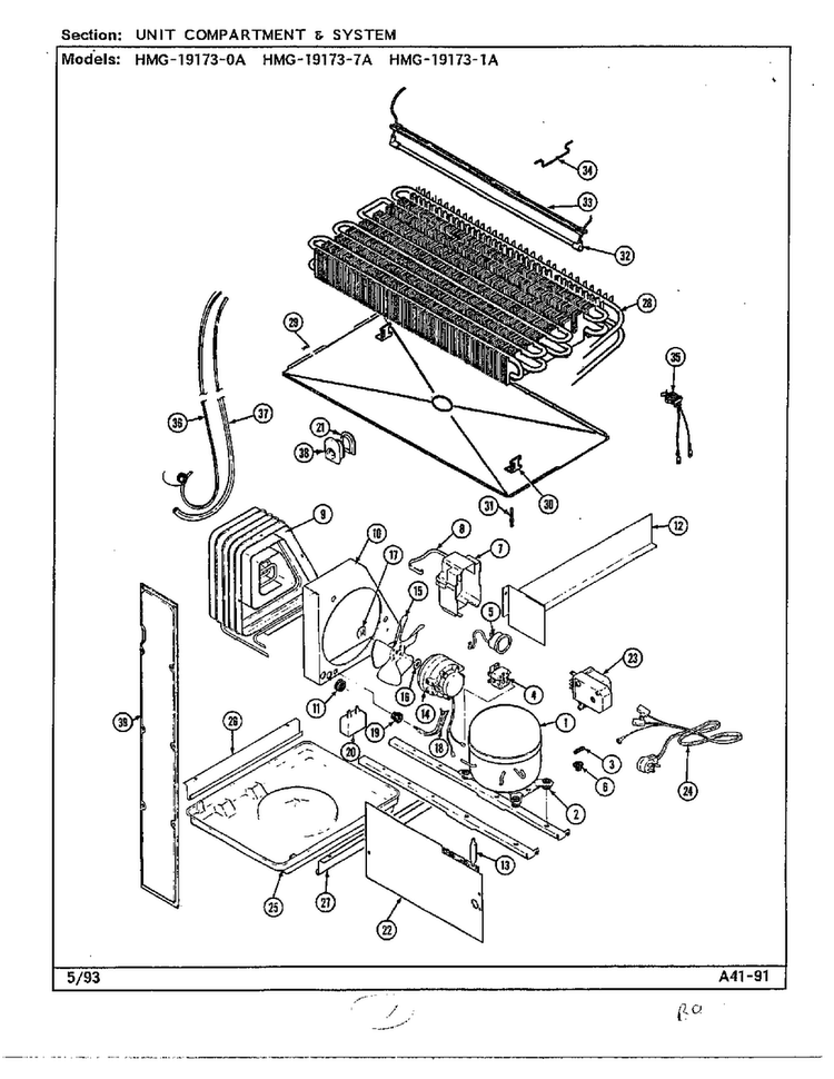 Unit Compartment And System Diagram and Parts List for 19173-0A  Admiral Refrigerator