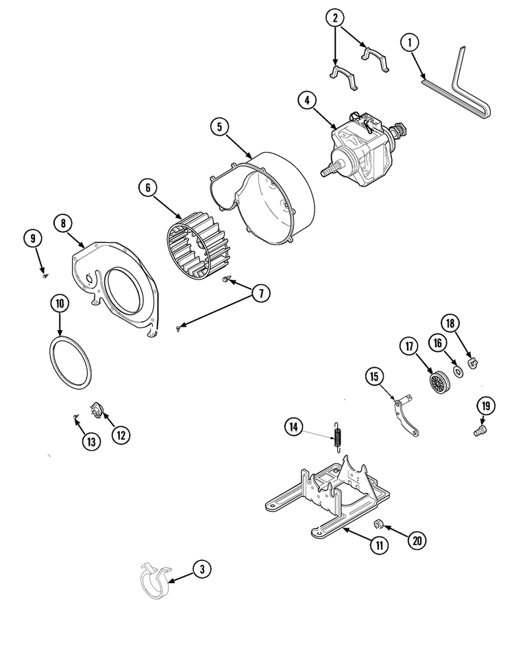 Motor, Fan & Belt Diagram and Parts List for SDE5401AYQ  Maytag Dryer