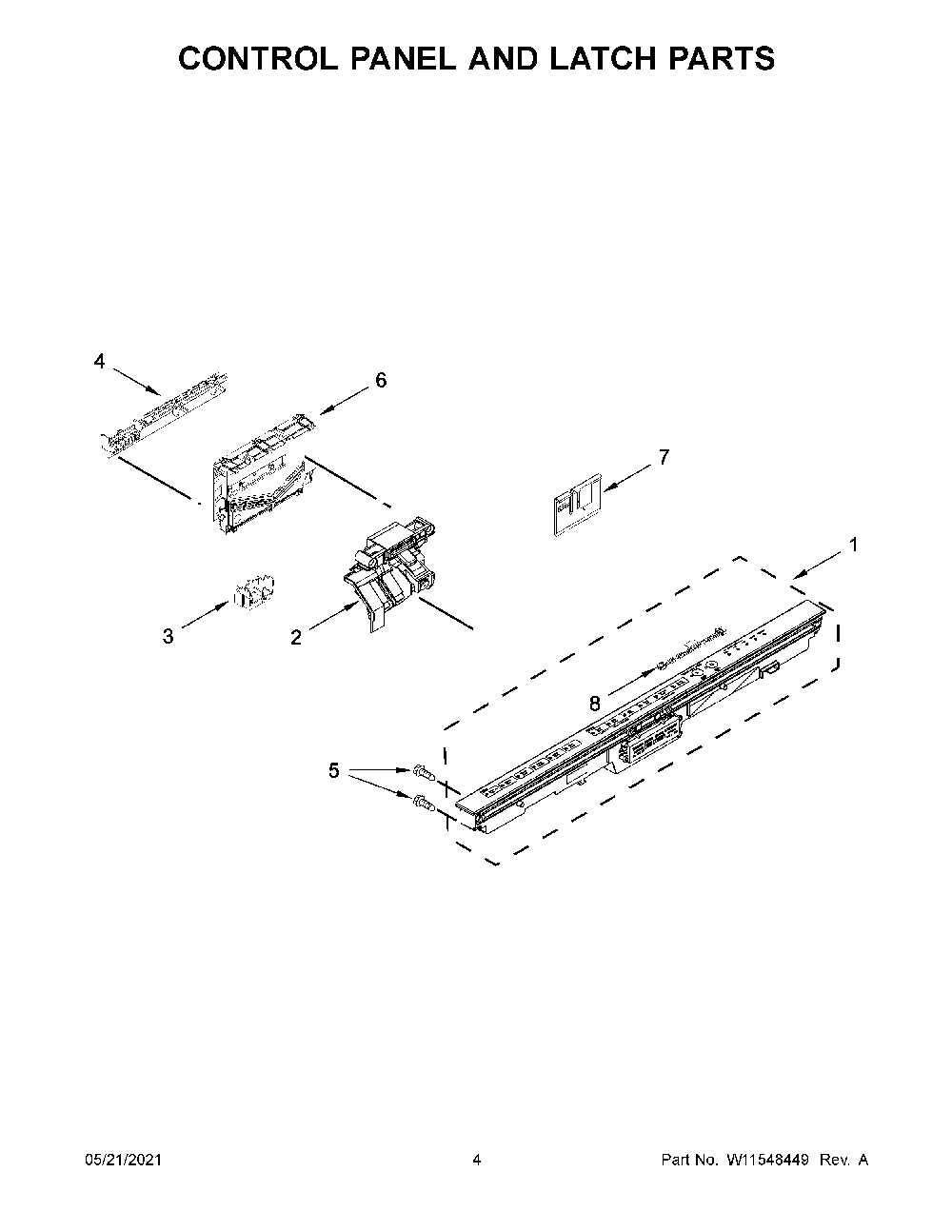 Control Panel And Latch Parts Diagram and Parts List for 66514793N513  Kenmore Dishwasher