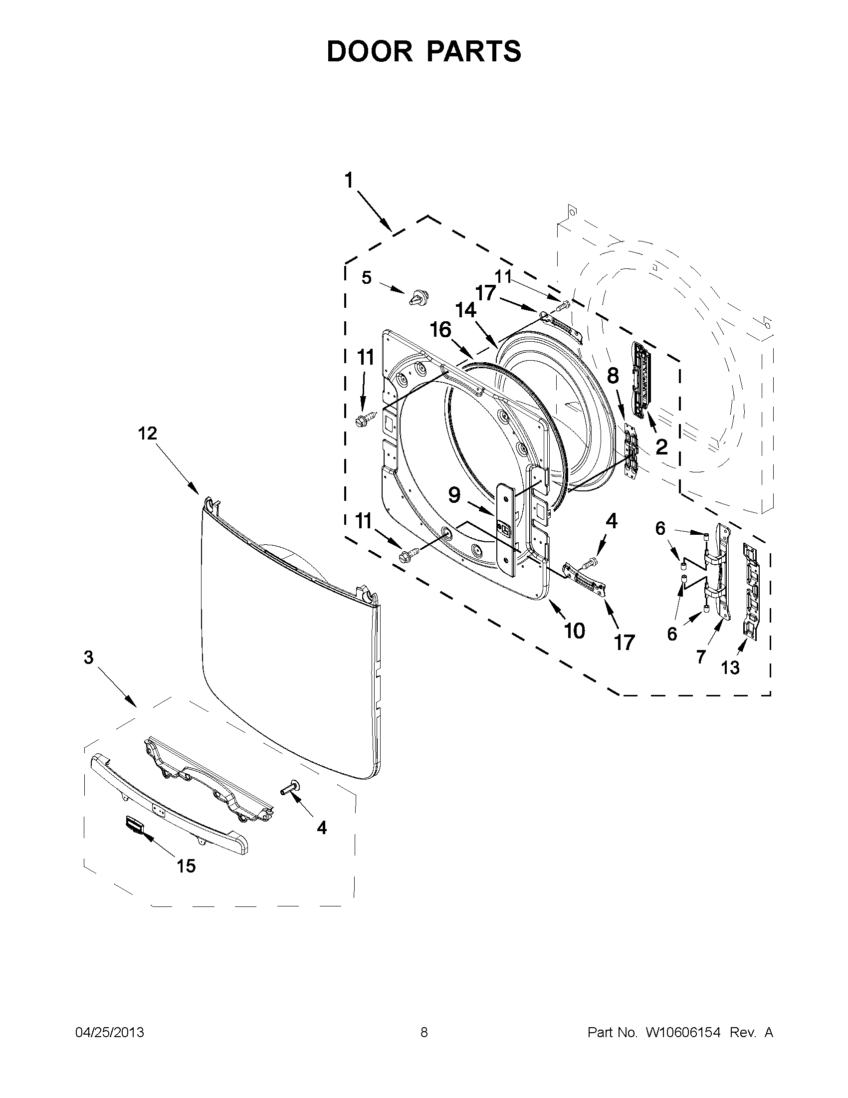 04 - DOOR PARTS Diagram and Parts List for YMED3000BW0  Maytag Dryer