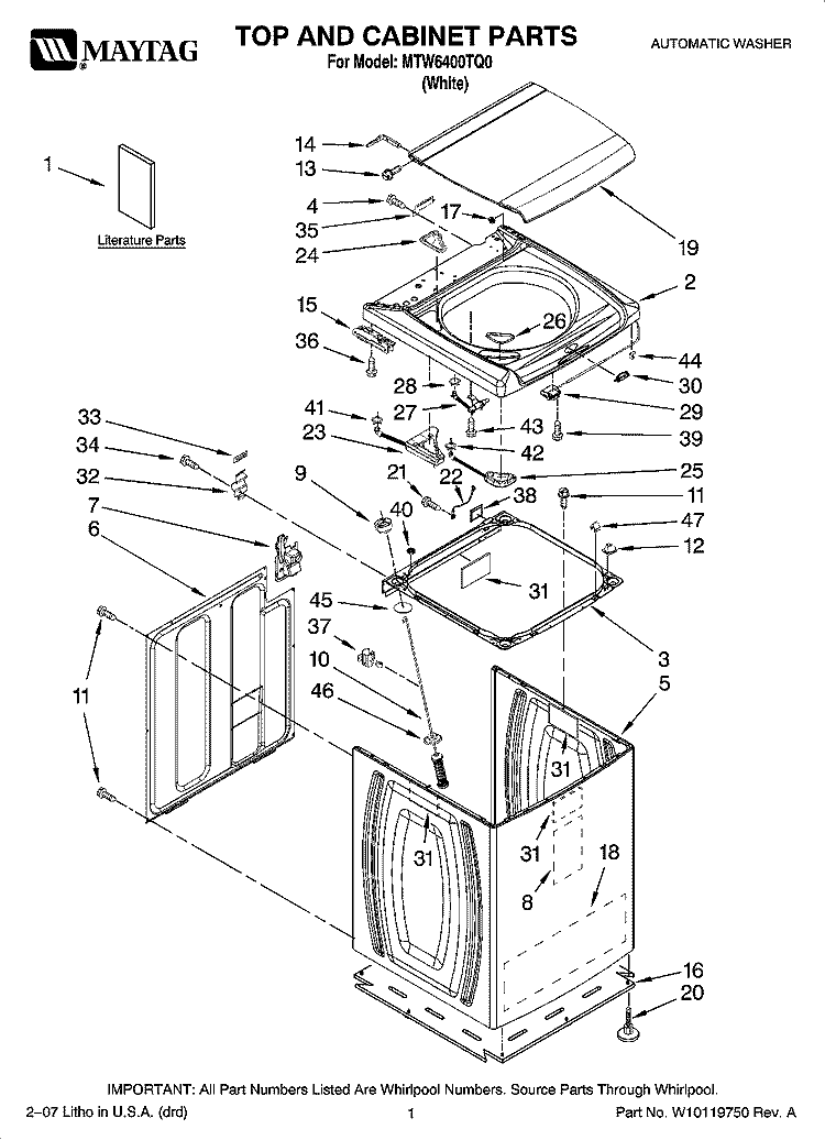 TOP AND CABINET PARTS Diagram and Parts List for MTW6400TQ0  Maytag Washer