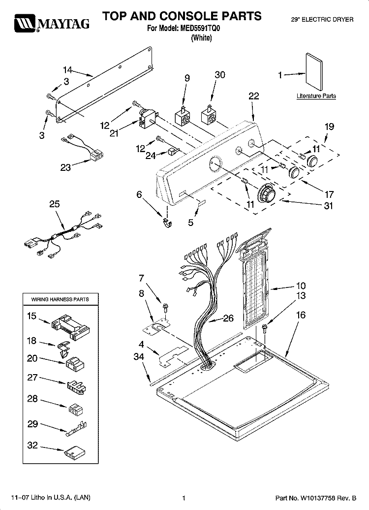 TOP AND CONSOLE PARTS Diagram and Parts List for MED5591TQ0  Maytag Dryer
