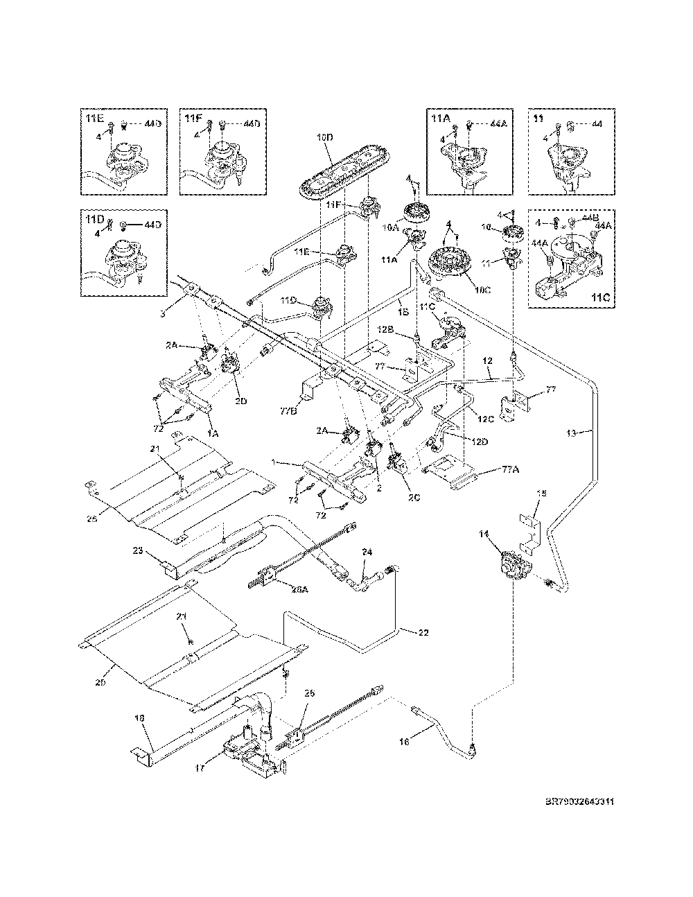 Burner Diagram and Parts List for 79032643311  Kenmore Range