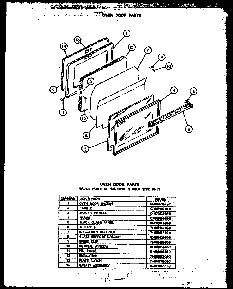 OVEN DOOR PARTS Diagram and Parts List for PHU101  Amana Range