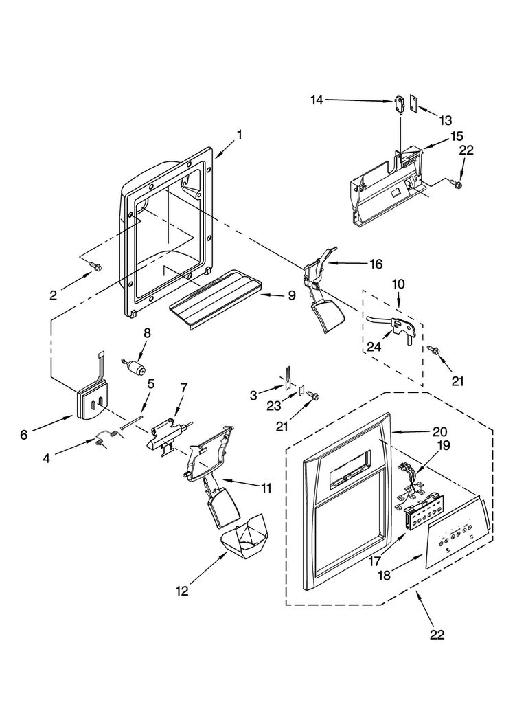 Dispenser Front Parts Diagram and Parts List for MSD2254VEQ00  Maytag Refrigerator