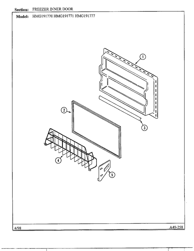 Freezer Inner Door Diagram and Parts List for HMG191770  Admiral Refrigerator