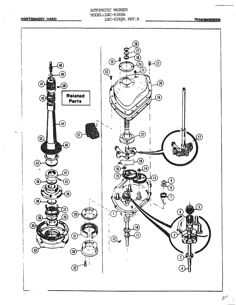 Transmission And Related Parts Diagram and Parts List for 6368A REV A Norge Washer