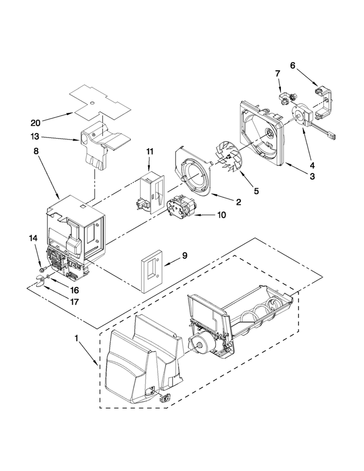 Motor And Ice Container Parts Diagram and Parts List for JFI2089WTS6  Jenn-Air Refrigerator
