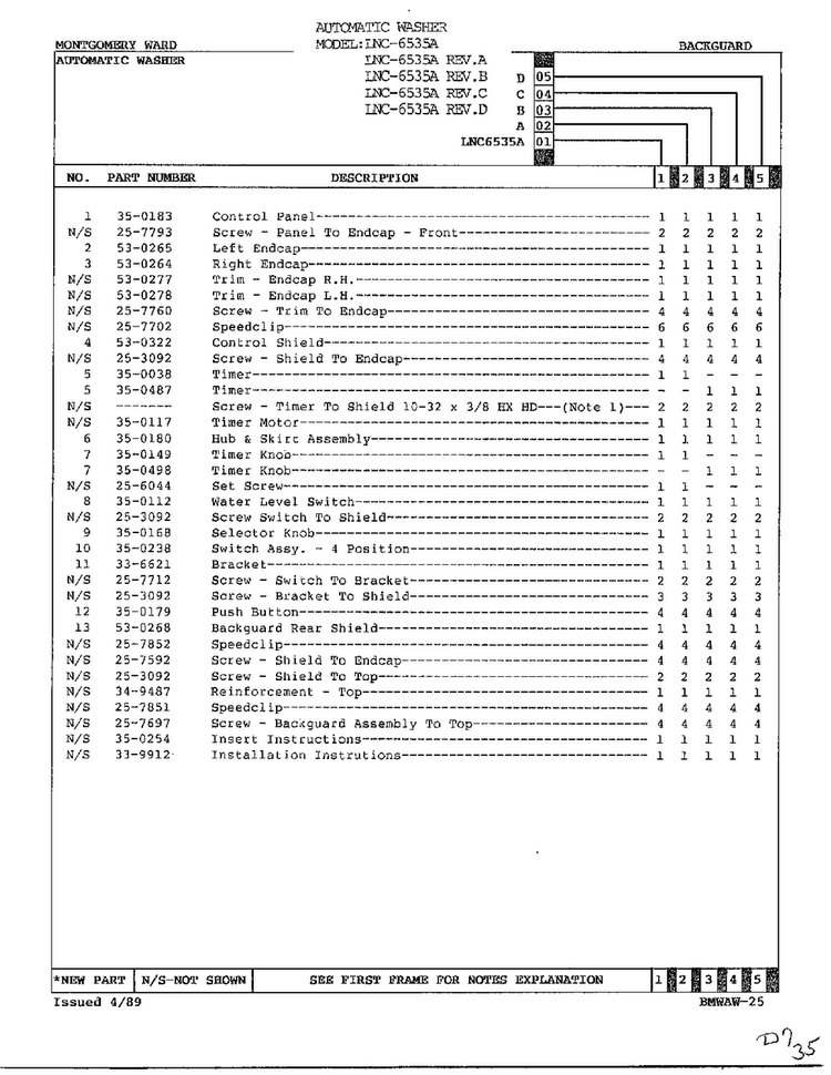 Backguard Page 2 Diagram and Parts List for 6535A REV C Norge Washer