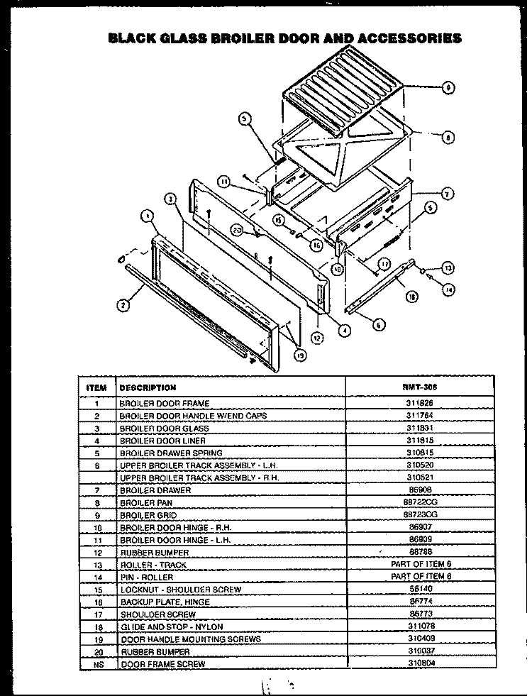 BLACK GLASS BROILER DOOR AND ACCESSORIES Diagram and Parts List for RMT-306  Caloric Range