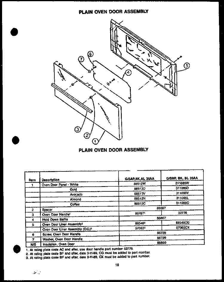 PLAIN OVEN DOOR ASSY Diagram and Parts List for GAP39AA  Amana Range