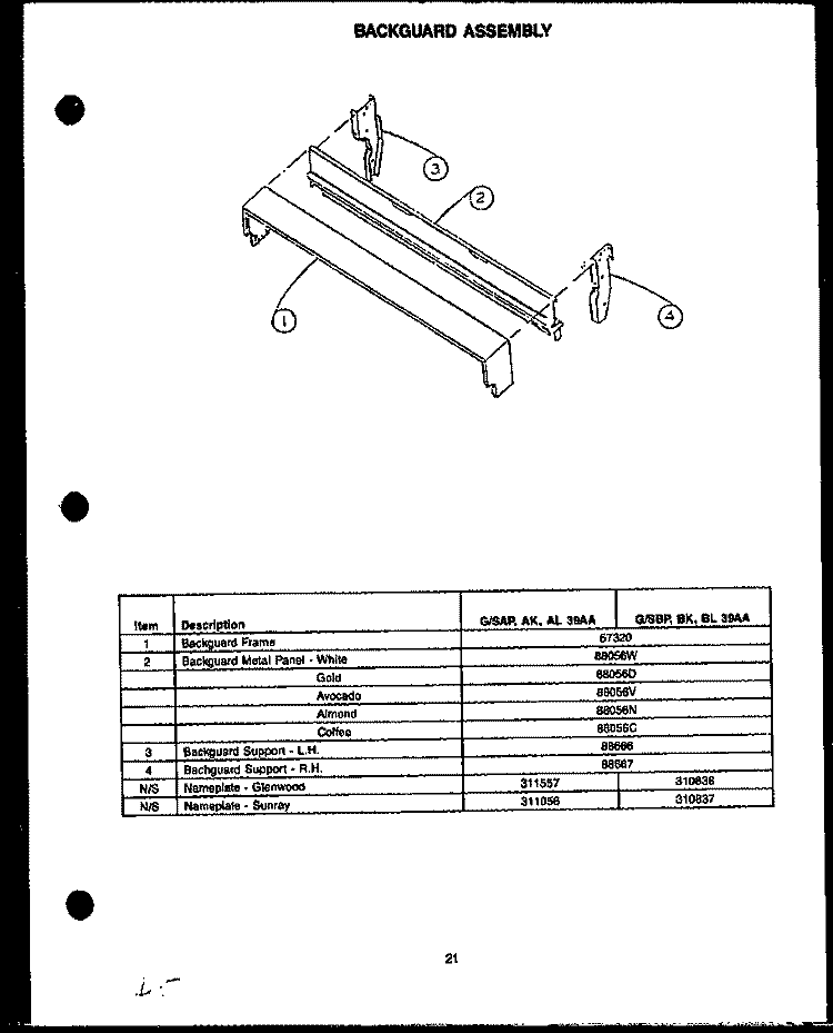 BACKGUARD ASSY Diagram and Parts List for GAP39AA  Amana Range