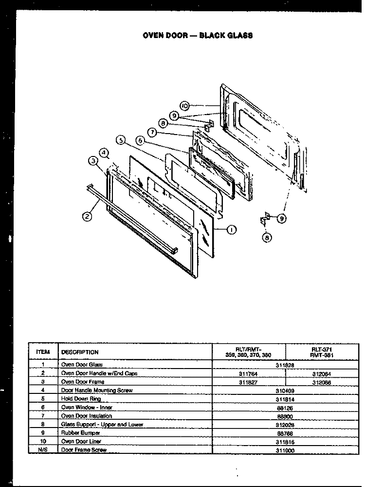OVEN DOOR - BLACK GLASS Diagram and Parts List for RMT-370  Caloric Range