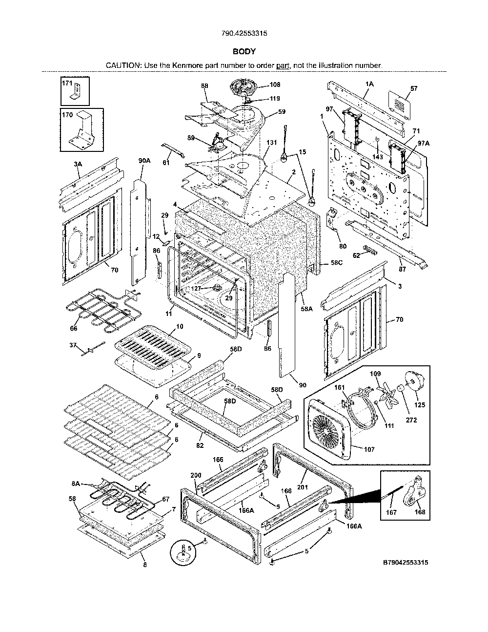 Body Diagram and Parts List for 79042553315  Kenmore Range
