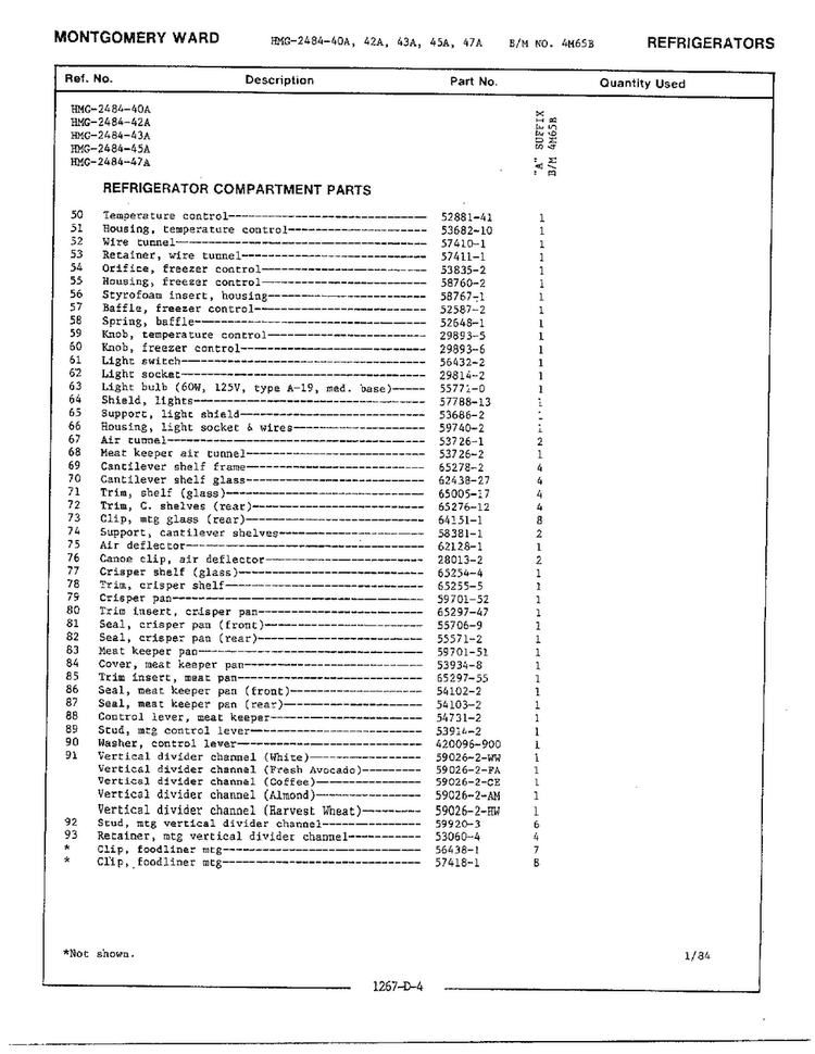 Refrigerator Compartment Parts Page 2 Diagram and Parts List for 2484-42A  Admiral Refrigerator