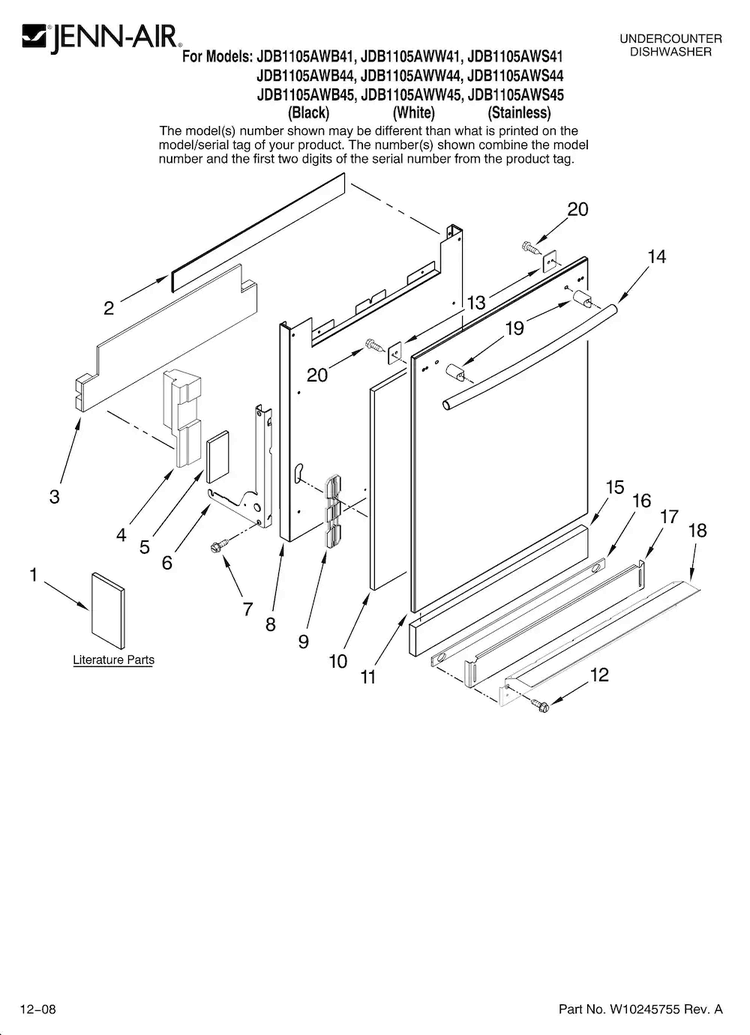 Door And Panel Parts Diagram and Parts List for JDB1105AWS44  Jenn-Air Dishwasher