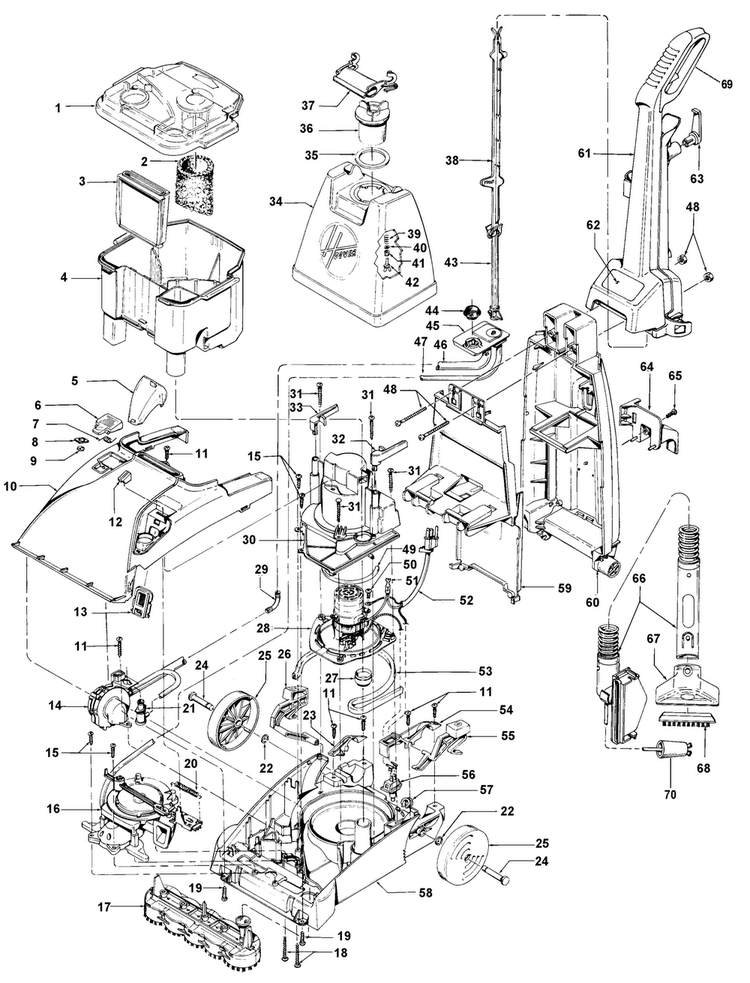 Motor, Handle, Tank, Hood, Switch Diagram and Parts List for F5837-950  Hoover Carpet Cleaner