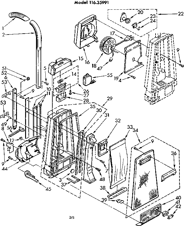 Handle And Bag Housing Diagram and Parts List for 11635991  Kenmore Upright Vacuum
