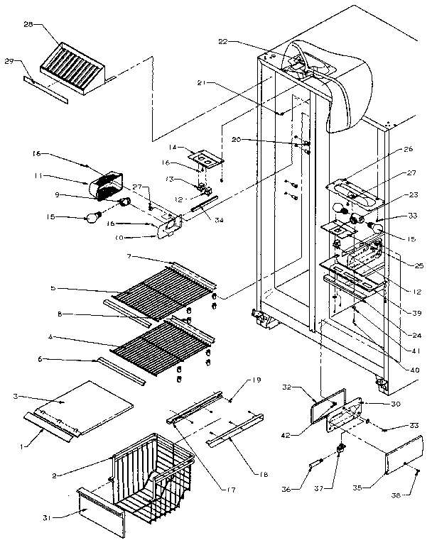 Freezer Shelving And Refrigerator Light Diagram and Parts List for SSD25NB-P1162409W  Amana Refrigerator