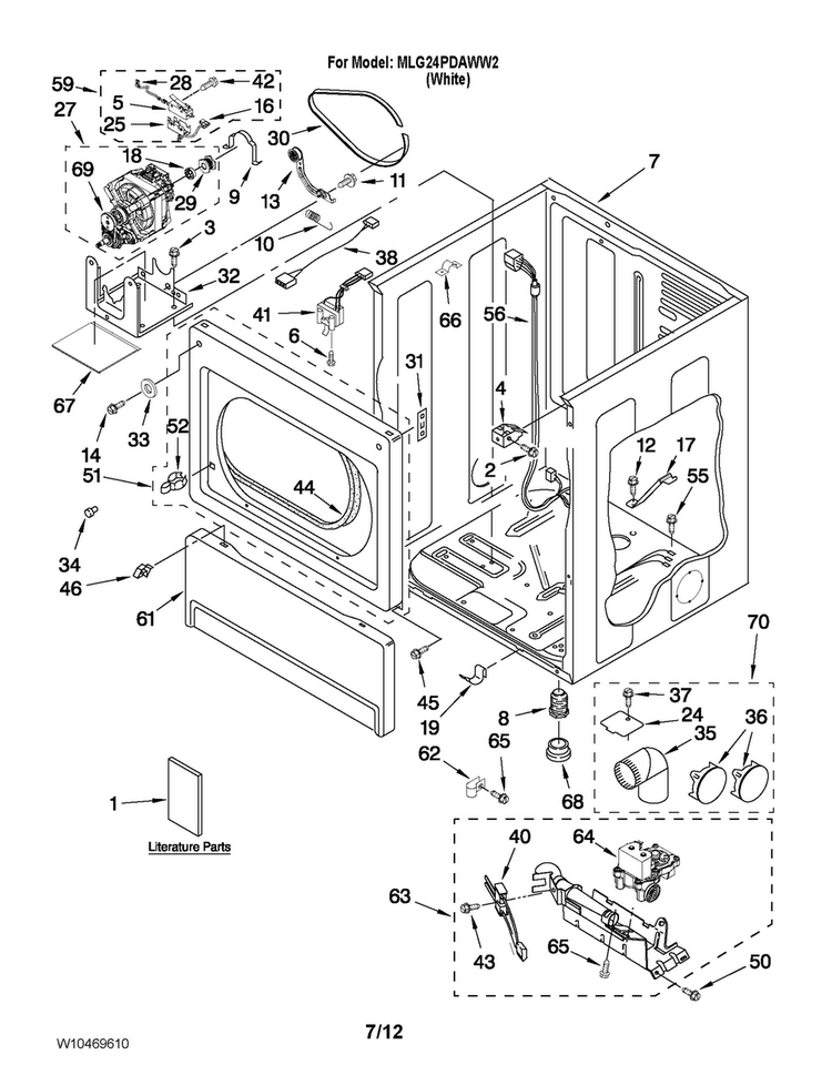 Lower Cabinet And Front Panel Parts Diagram and Parts List for MLG24PDAWW2  Maytag Dryer