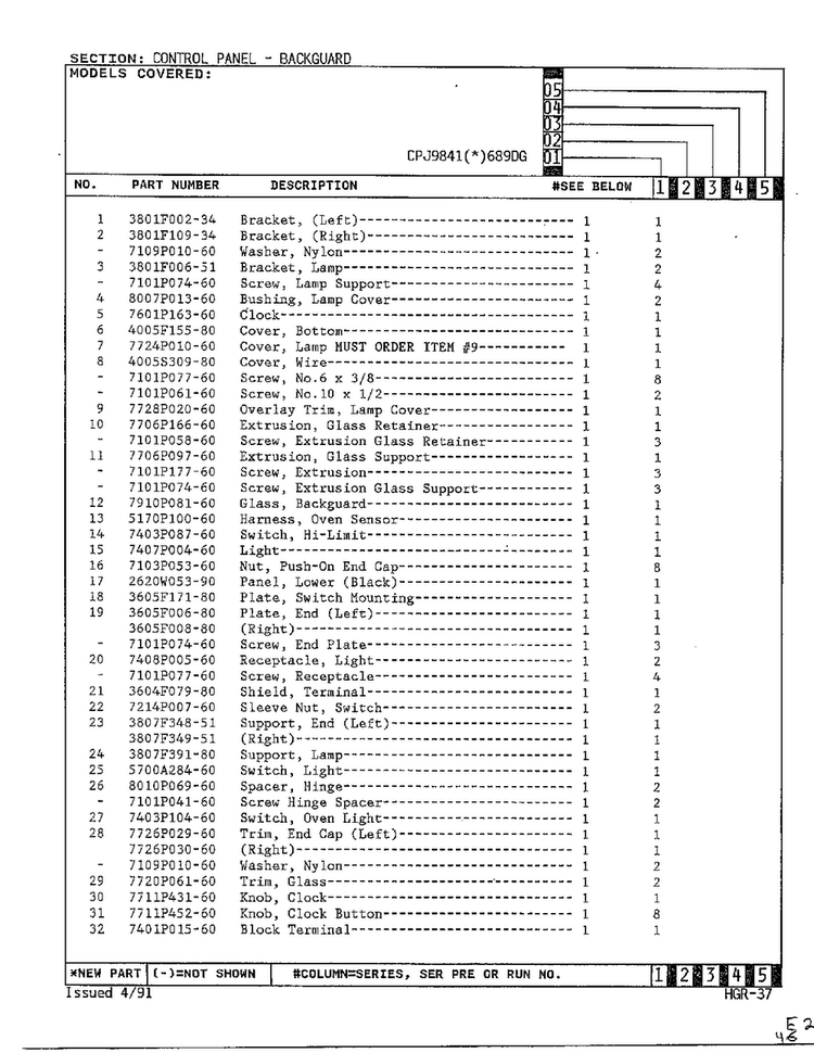 Control Panel - Backguard Page 2 Diagram and Parts List for CPJ9841K(*)689DG  Hardwick Range