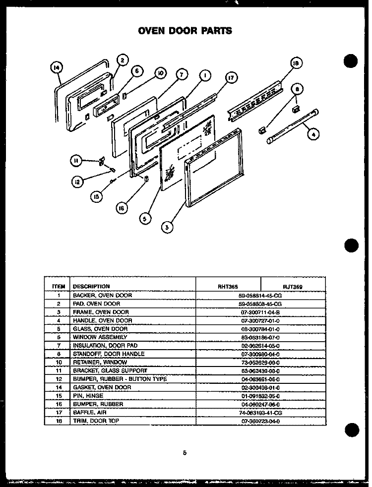 OVEN DOOR PARTS Diagram and Parts List for RJT369  Caloric Range