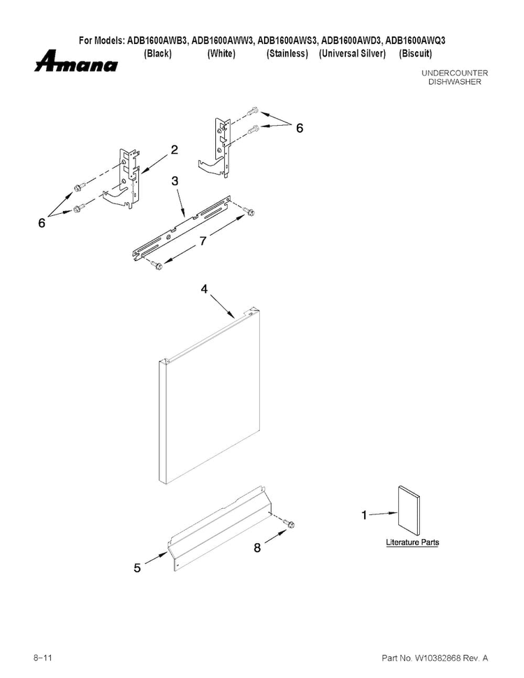 Door And Panel Parts Diagram and Parts List for ADB1600AWS3  Amana Dishwasher