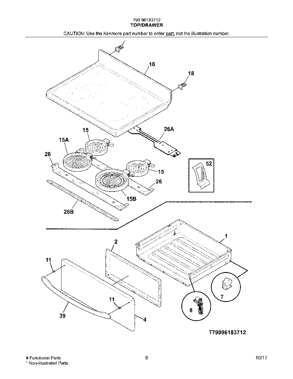 Top/Drawer Diagram and Parts List for 79096183712  Kenmore Range