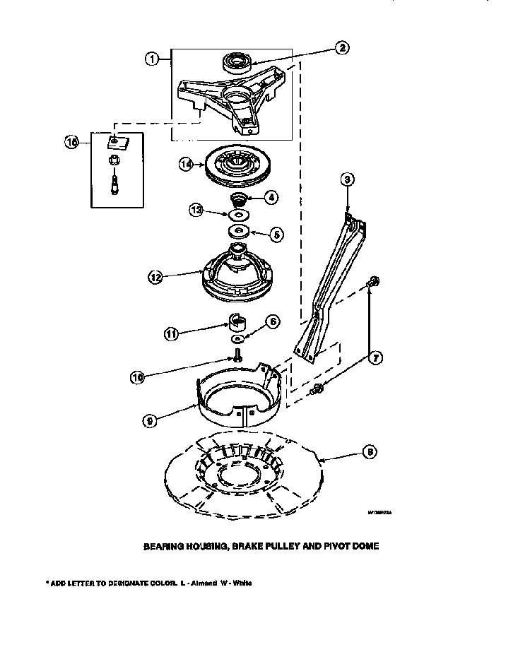 Bearing Housing, Brake Pulley And Pivot Dome Diagram and Parts List for LW8203W2B-PLW8203W2A  Amana Washer