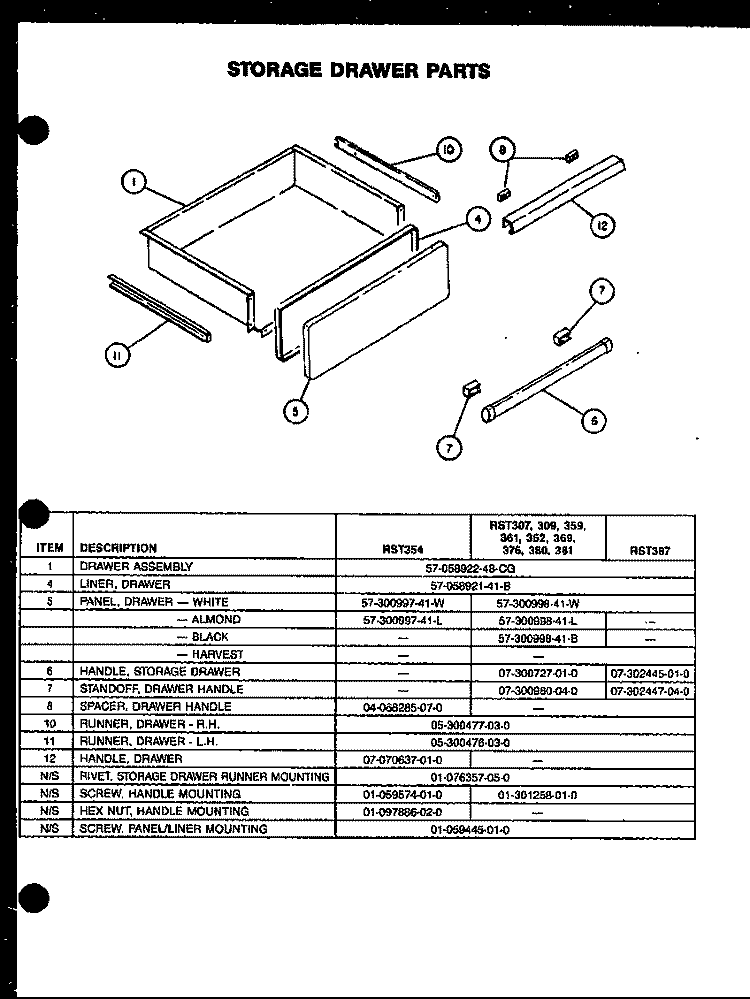 STORAGE DRAWER PARTS Diagram and Parts List for RST359  Caloric Cooktop