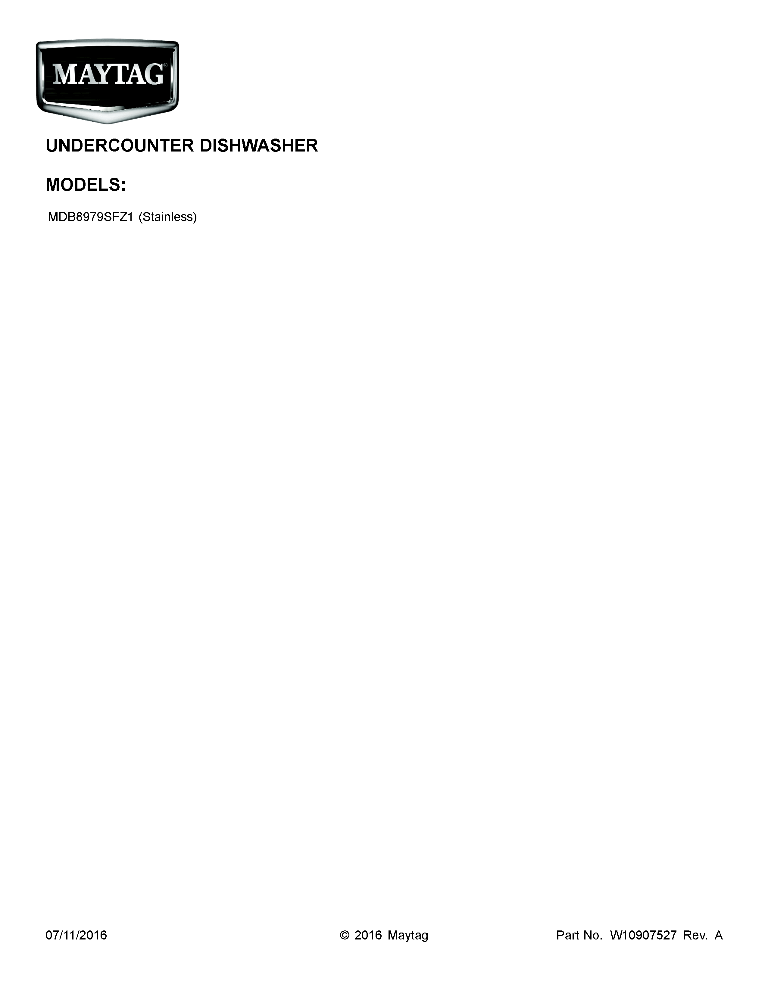 Cover Sheet Diagram and Parts List for MDB8979SFZ1  Maytag Dishwasher