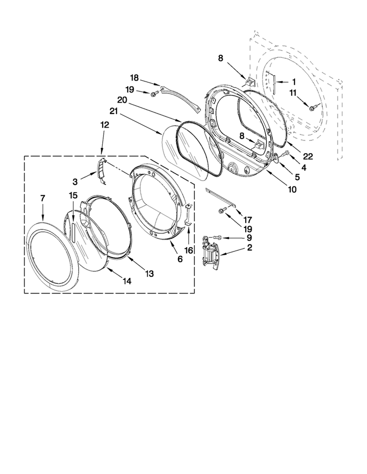 Door Parts Diagram and Parts List for MEDE500VW2  Maytag Dryer