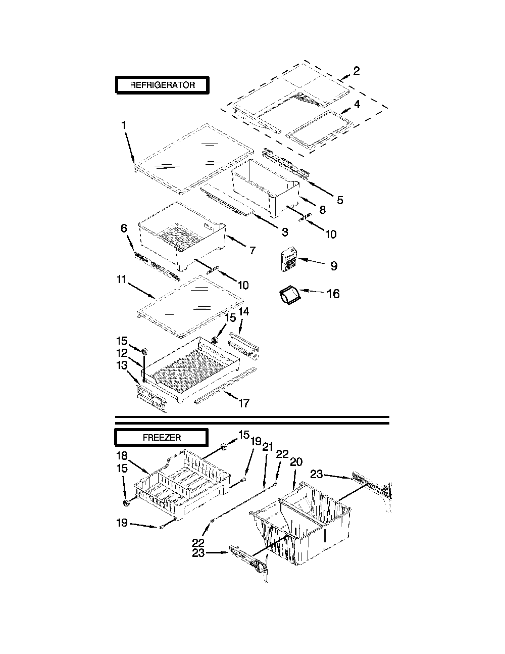 Shelf Parts Diagram and Parts List for 59673003511  Kenmore Refrigerator