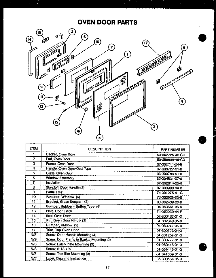 OVEN DOOR PARTS Diagram and Parts List for RKT-396  Caloric Microwave Oven Combo