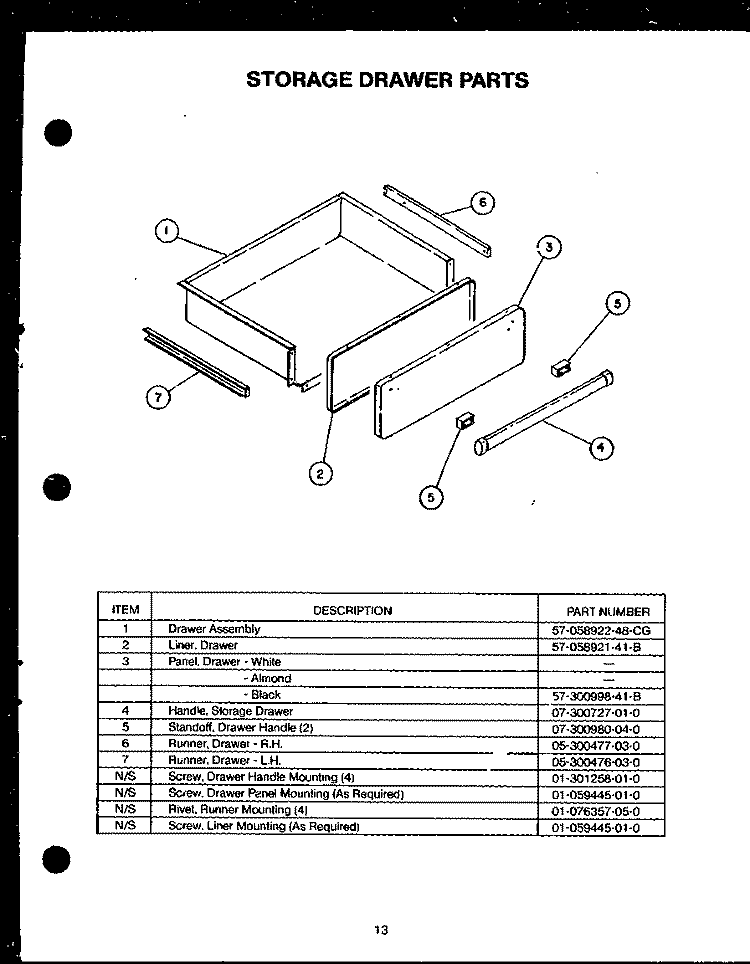 STORAGE DRAWER PARTS Diagram and Parts List for RKT-396  Caloric Microwave Oven Combo