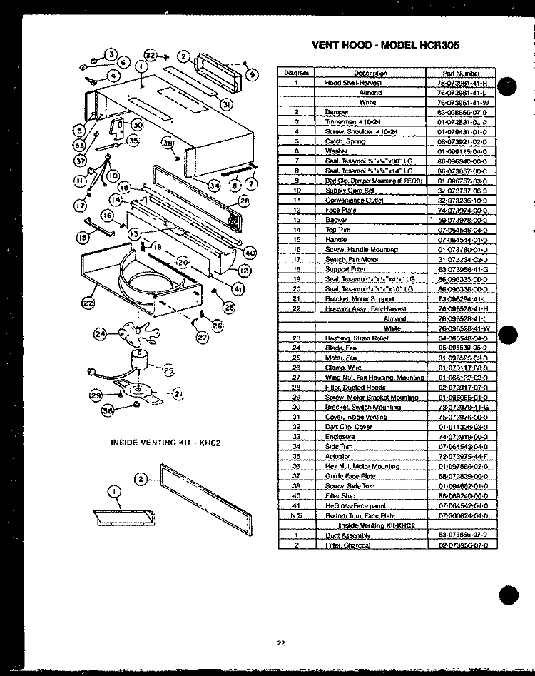 VENT HOOD Diagram and Parts List for HCR305  Caloric Microwave