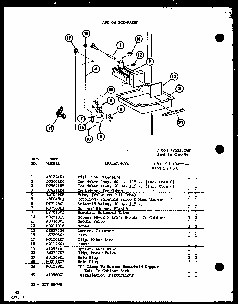 Add On Ice-maker (ic3h/p7621305w) (cic4h/p7621306w) Diagram and Parts List for TM20K-P7791118W  Amana Refrigerator