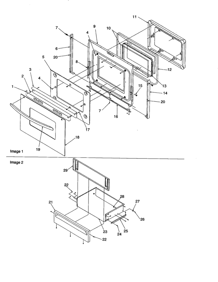 Oven Door And Storage Drawer Diagram and Parts List for ARTS6650E P1143906NE Amana Range