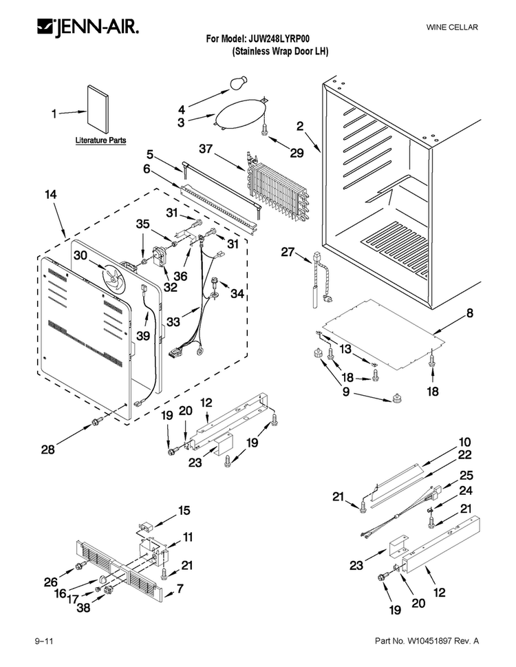 Cabinet Parts Diagram and Parts List for JUW248LYRP00  Jenn-Air Wine and Beverage Cooler