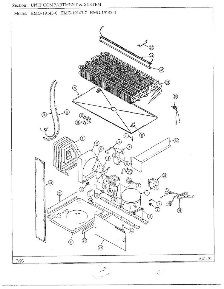 Unit Compartment And System Diagram and Parts List for 19143-0B  Admiral Refrigerator