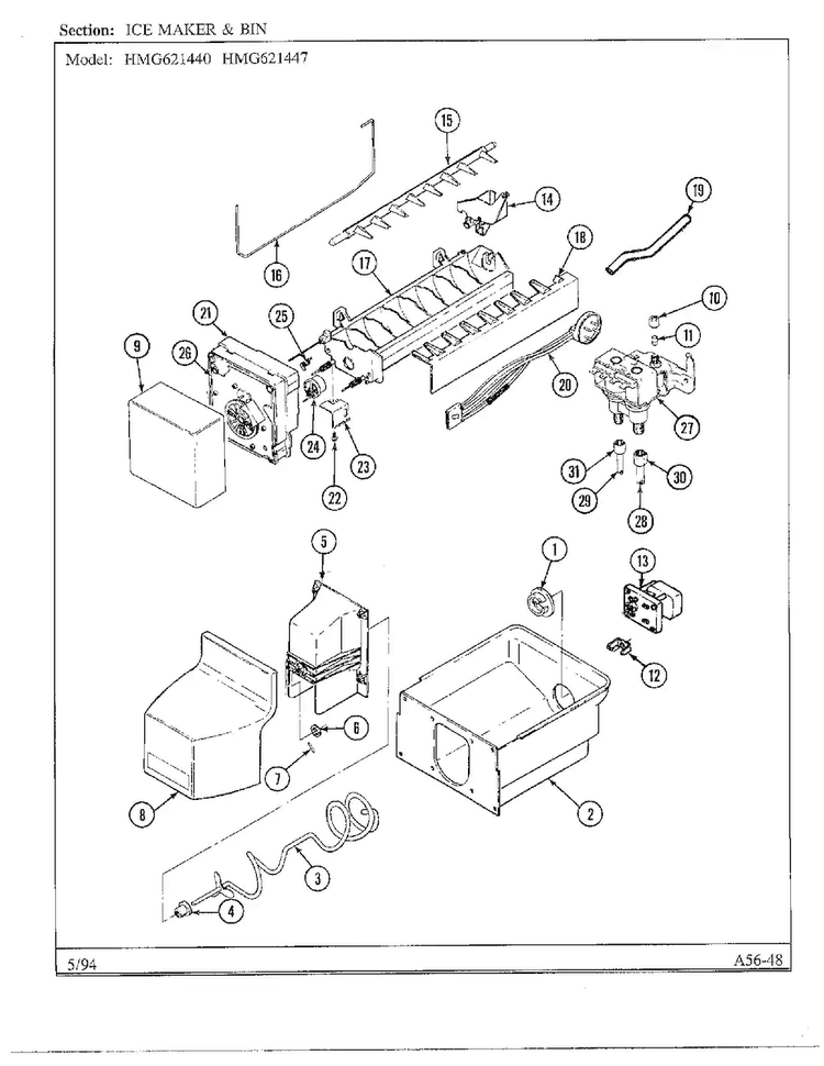 Ice Maker And Bin Diagram and Parts List for 621447  Admiral Refrigerator