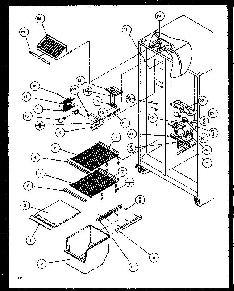 Freezer Shelving And Refrigerator Light Diagram and Parts List for SQD25MB3W-P1153404WW  Amana Refrigerator