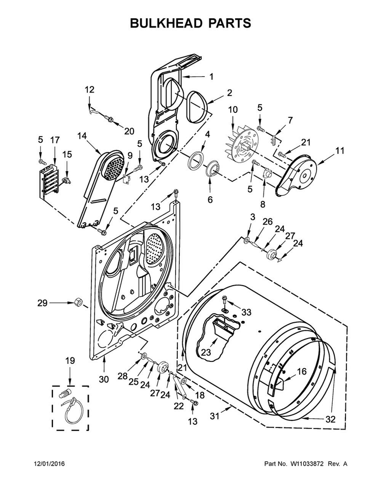 Bulkhead Parts Diagram and Parts List for 4KMEDC425FW0  Maytag Dryer