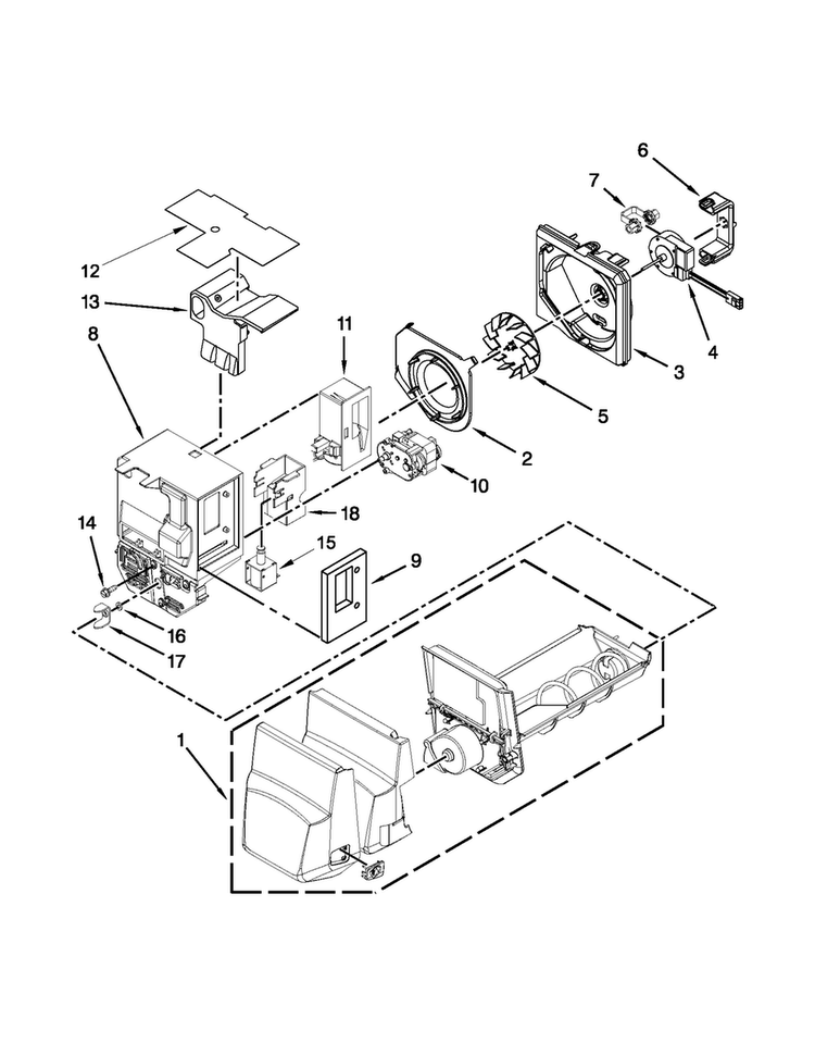 Motor And Ice Container Parts Diagram and Parts List for MFI2670XEM7  Maytag Refrigerator