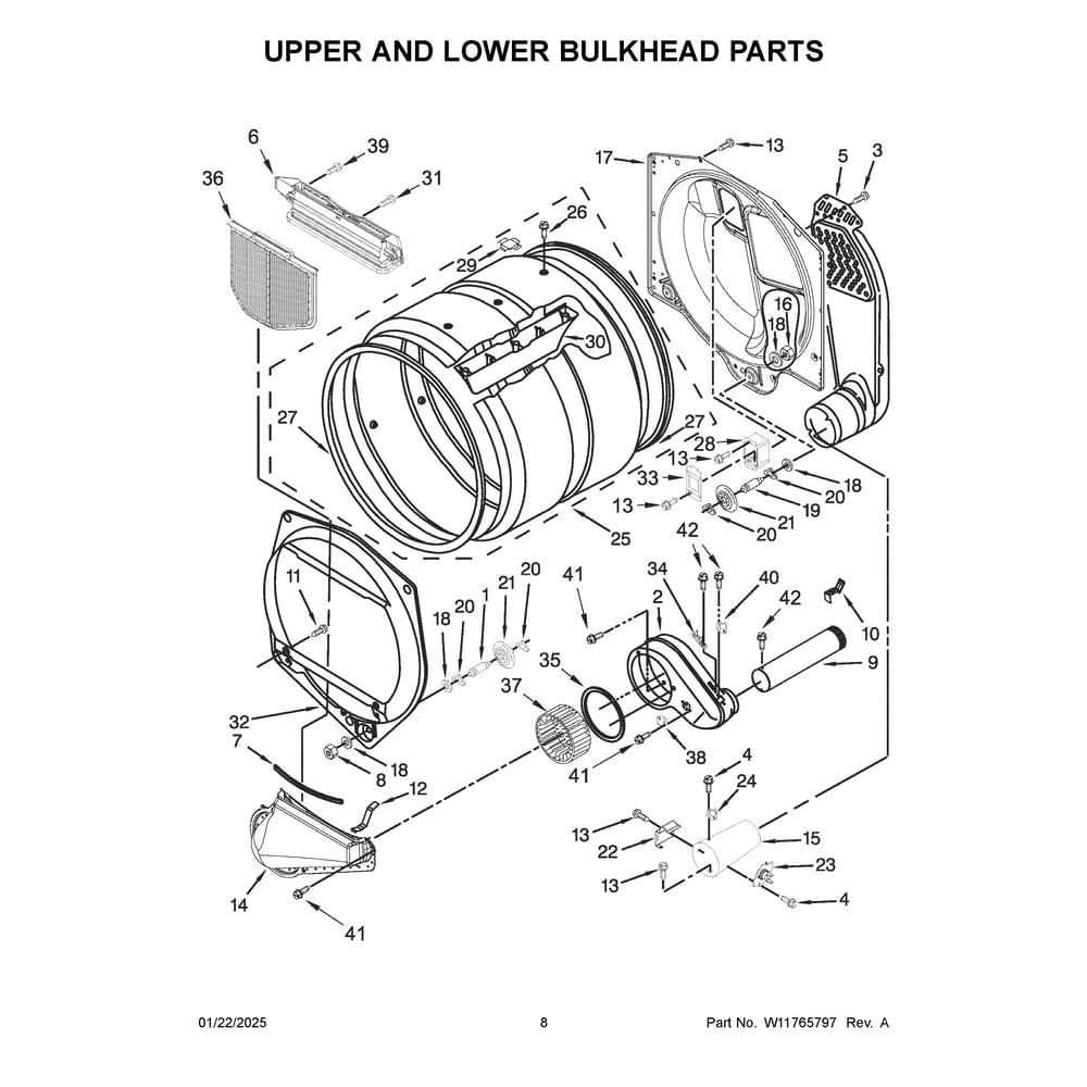 Upper And Lower Bulkhead Parts Diagram and Parts List for MLG26PRFWW0  Maytag Dryer