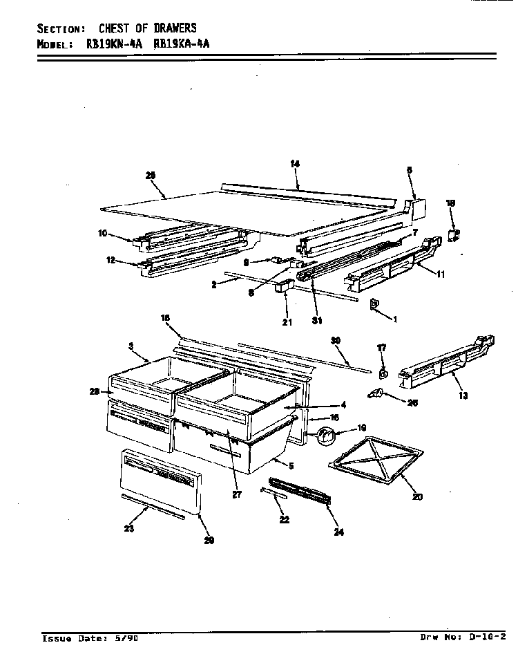 Chest Of Drawers Diagram and Parts List for RB19KA-4A AG64B Magic Chef Refrigerator