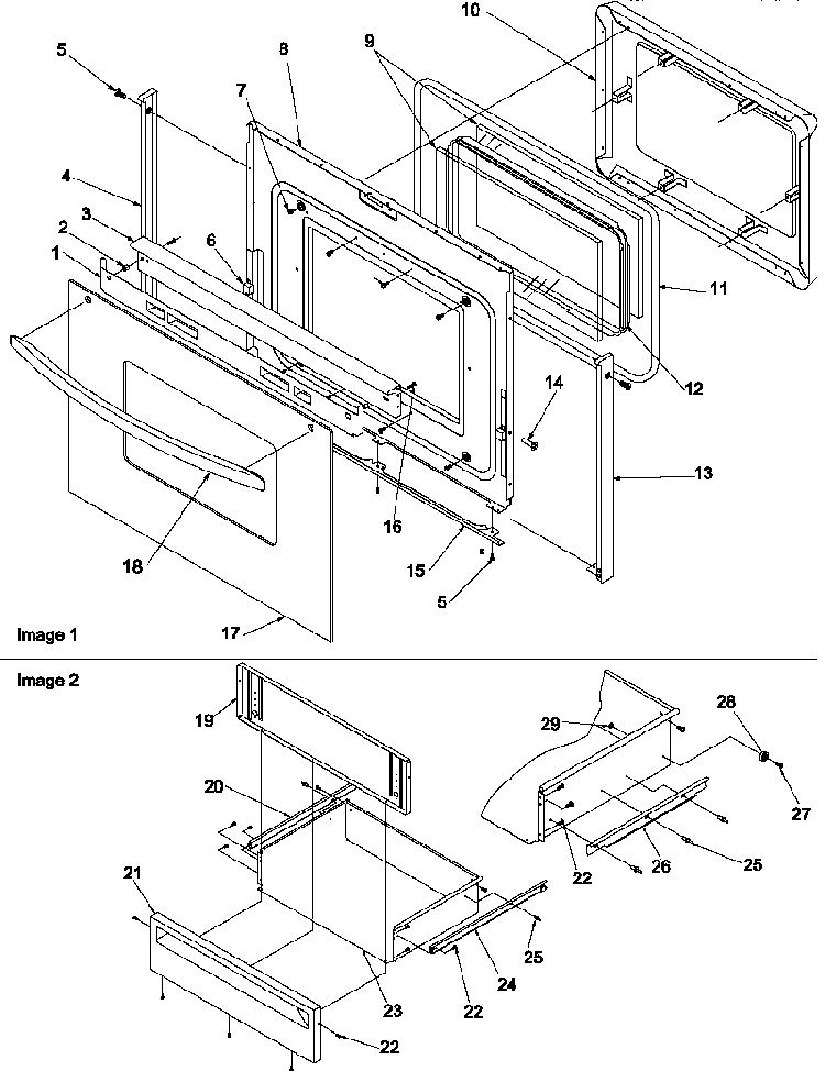 Oven Door And Storage Drawer Diagram and Parts List for ART6001W P1143450NW Amana Range
