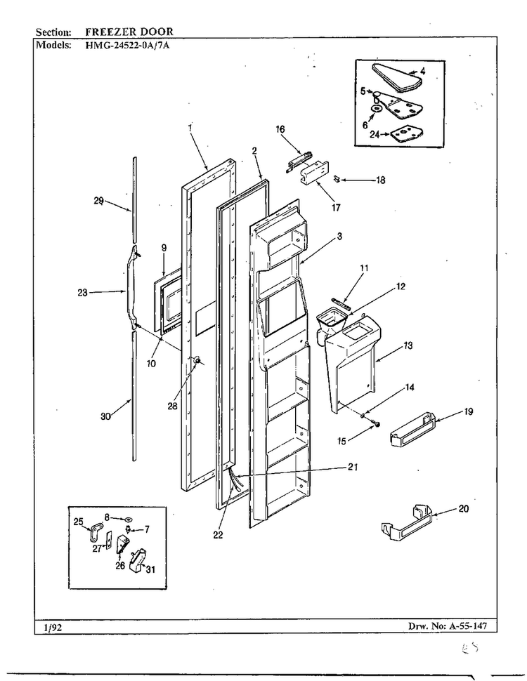 Freezer Door Diagram and Parts List for 24522-7A  Admiral Refrigerator