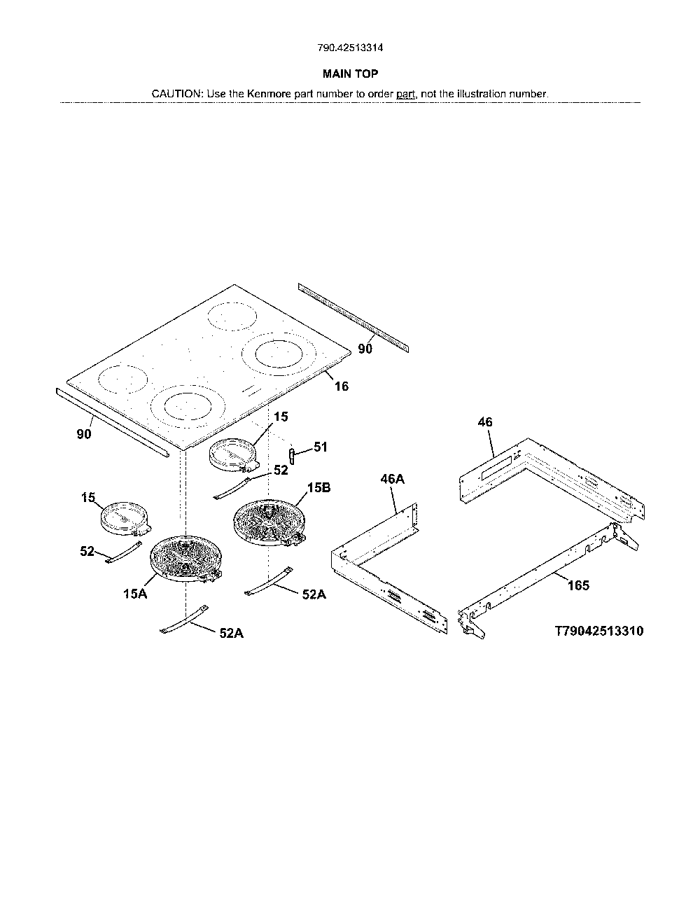 Main Top Diagram and Parts List for 79042513314  Kenmore Range