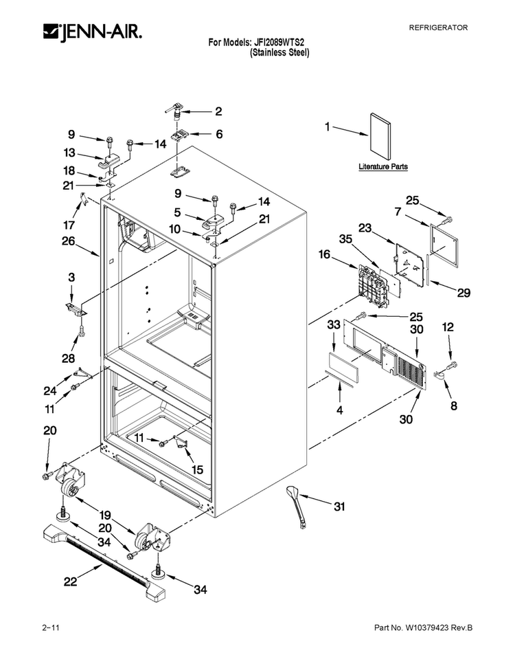 Cabinet Parts Diagram and Parts List for JFI2089WTS2  Jenn-Air Refrigerator
